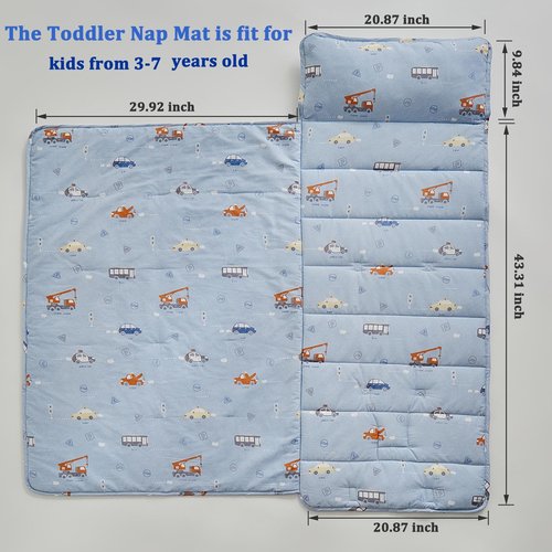 DuShow Cotton Toddler Nap Mat for Boys,Roll Up Slumber Bags Cars Pattern,Toddler Nap Mat with Removable Pillow and Blanket, Kids Sleeping Mat for Daycare,Preschool and Kindergarten-Blue