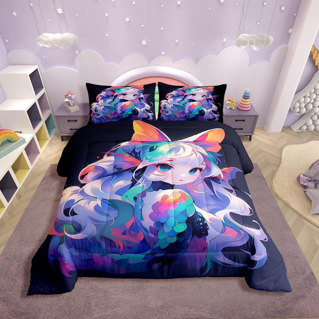 Erosebridal Anime Comforter Set Japanese Girl Bedding Comforter Sets 3D Cartoon Printed Bedding Queen for Kids Girls Anime Gifts Quilt with 2 Pillow Cases