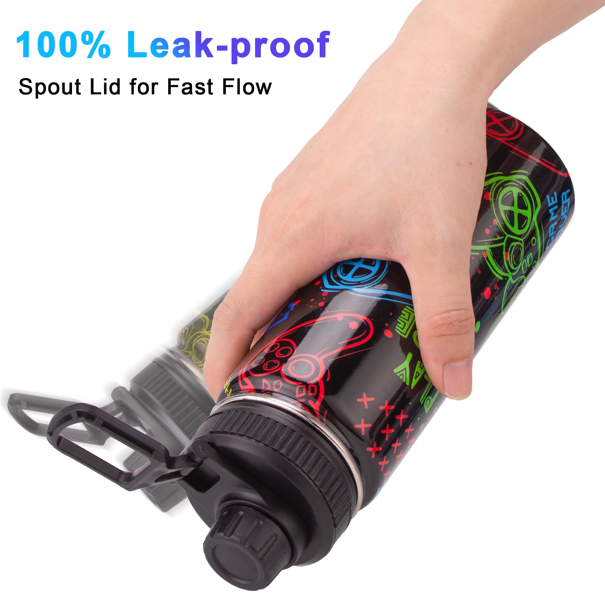 Skyflora 18oz Insulated Water Bottle with Straw Lid & Spout Lid, Game Controller, Gift for Kids Boys Girls Student Sports Travel Fitness Hiking Outdoors, Double Wall, Hands Wash Only, Black