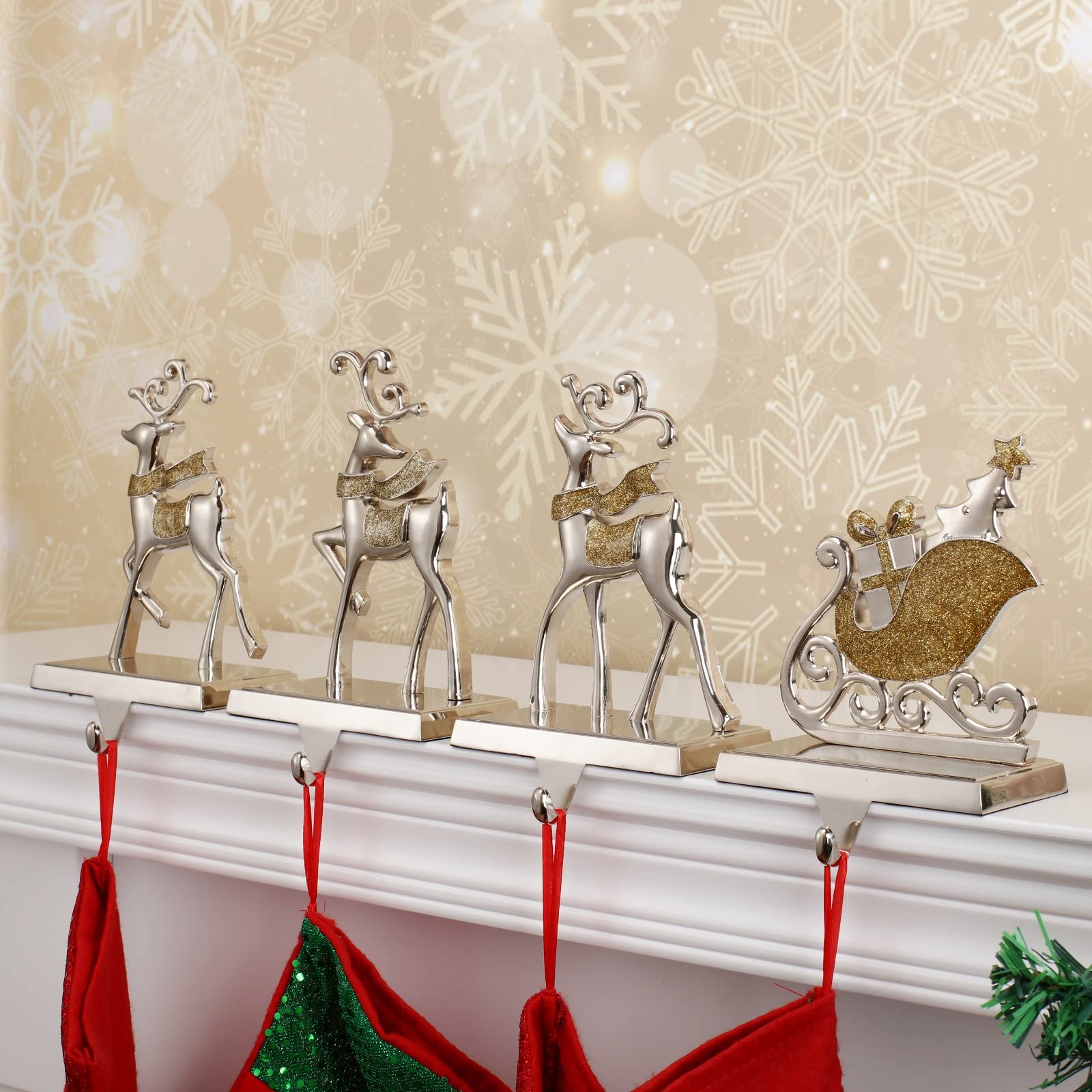 Cesdai Reindeer & Sleigh Stocking Holder Set for Mantle Set of 4,Deer Stocking Hangers for Firepiece,Christmas Decorations Mantel Hanger for Stocking/Garland (Silver with Gold)