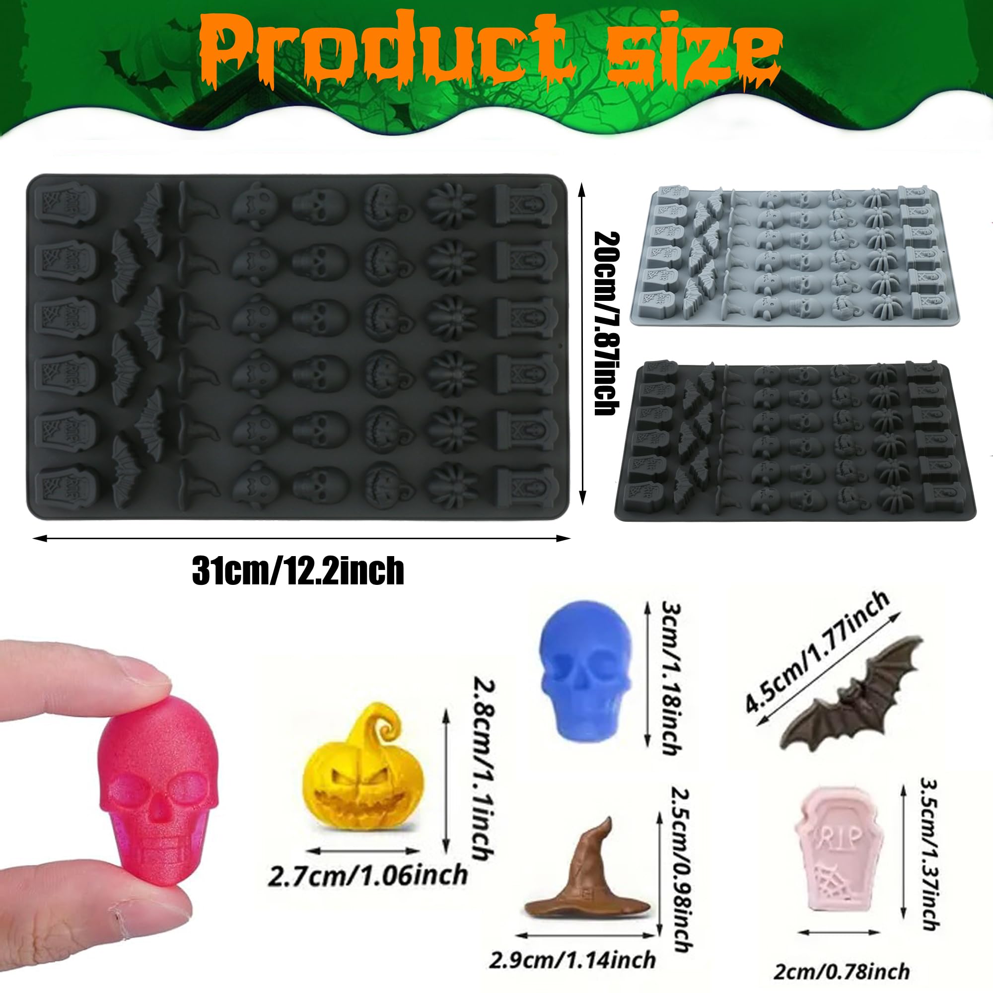 (2 Pack) Silicone Halloween Molds, 96-Cavity Pumpkin Ghost Wizard Hat Bat Spider Tombstone Skull Halloween Silicone Gummy Molds For Chocolate, Fondant, Cupcake Decoration, Biscut - Black&Gray