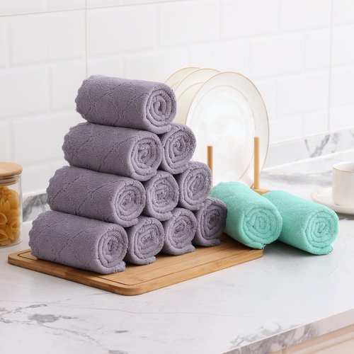 Mordimy 12 Pack Kitchen Cloths Dish Towels (10" x 10", Grey & Green), Super Soft and Absorbent Dish Cloths, Coral Velvet Microfiber Cleaning Cloth, Nonstick Oil Fast Dry Dishcloths