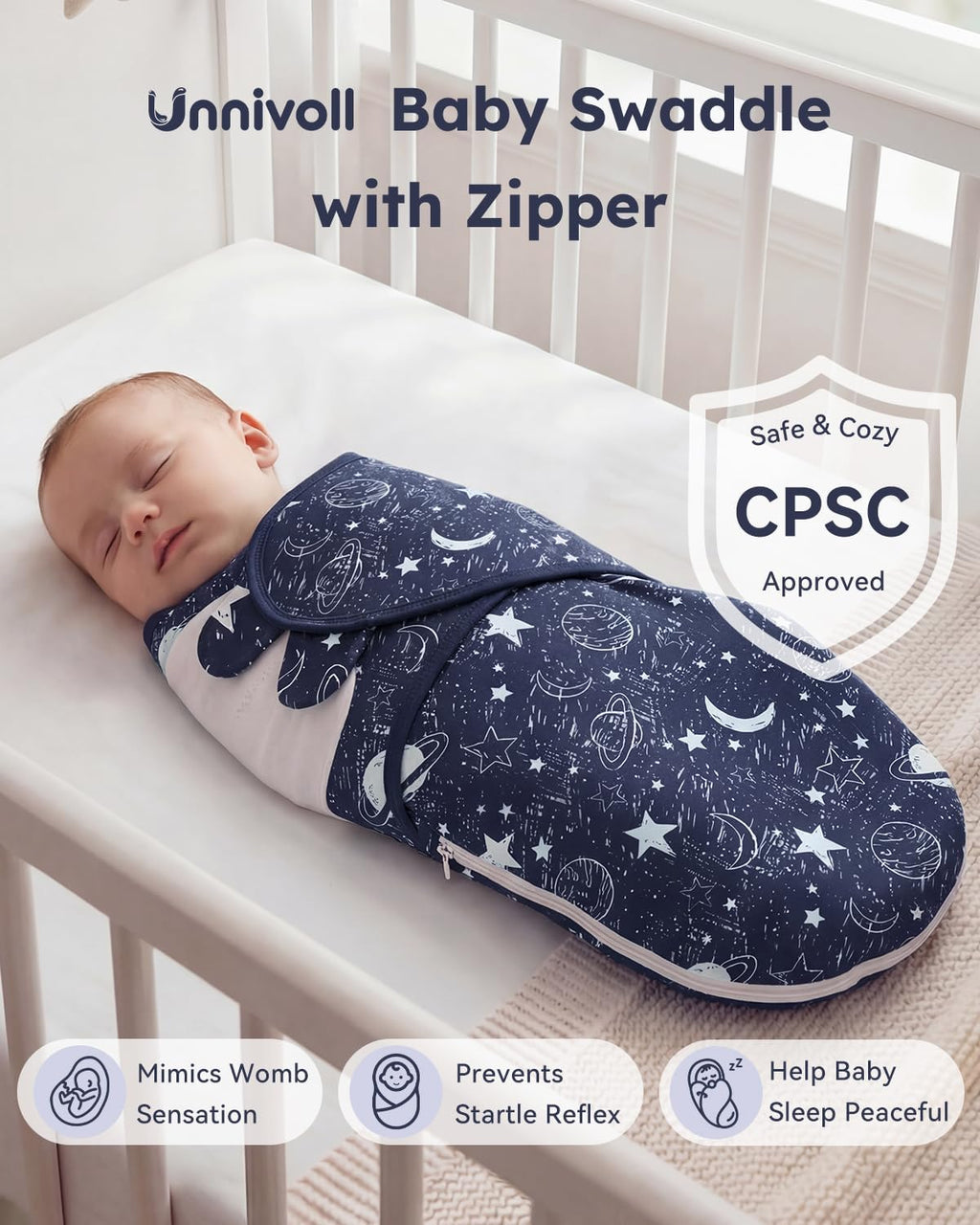 Unnivoll Baby Swaddles - 100% Cotton Newborn Swaddle Sack with Zipper | 3 Pack for 0-3 Months, Blue Planet