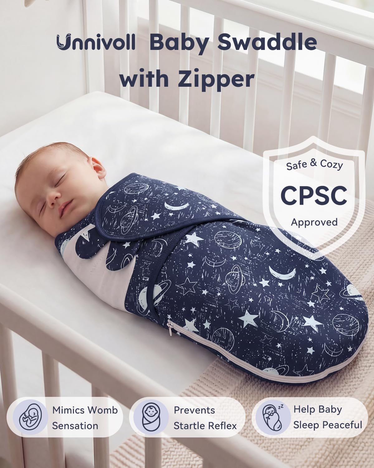 Unnivoll Baby Swaddles - 100% Cotton Newborn Swaddle Sack with Zipper | 3 Pack for 0-3 Months, Blue Planet