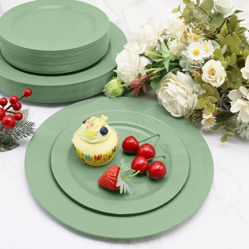 joy akkess 50PCS Sage Green Plastic Plates - Heavy Duty Sage Green Plates Disposable include 25 Dinner (10.25") & Dessert/Salad (7.5") for Birthday, Baby Shower, Wedding