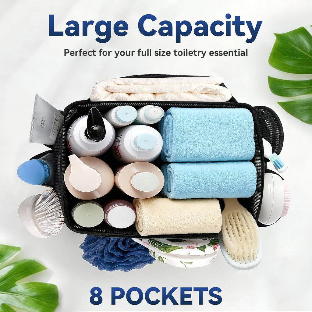 YASONIC Mesh Shower Caddy - Portable 8-Pocket Shower Bag with Double Handles | Black for Dorm & Gym Use