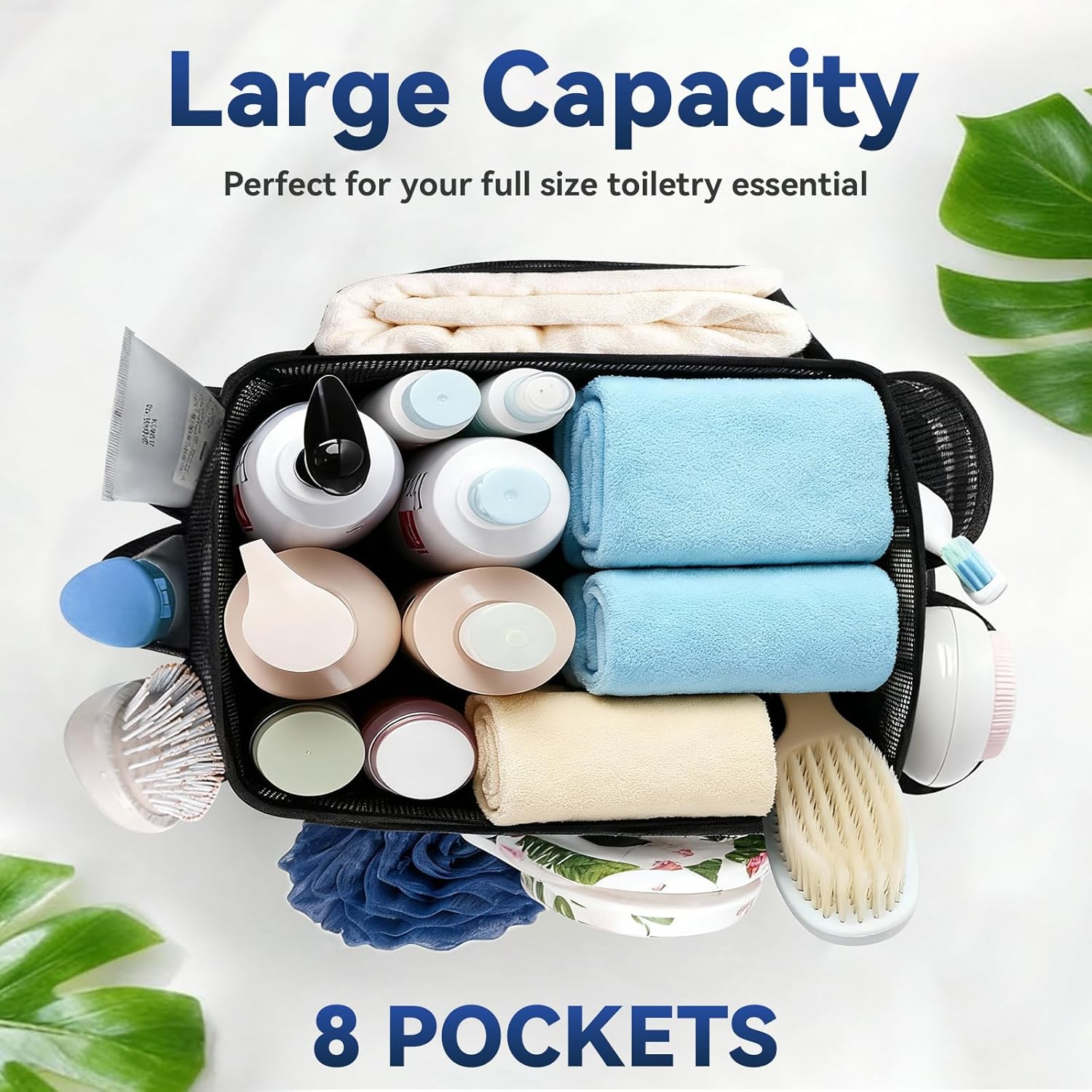 YASONIC Mesh Shower Caddy - Portable 8-Pocket Shower Bag with Double Handles | Black for Dorm & Gym Use