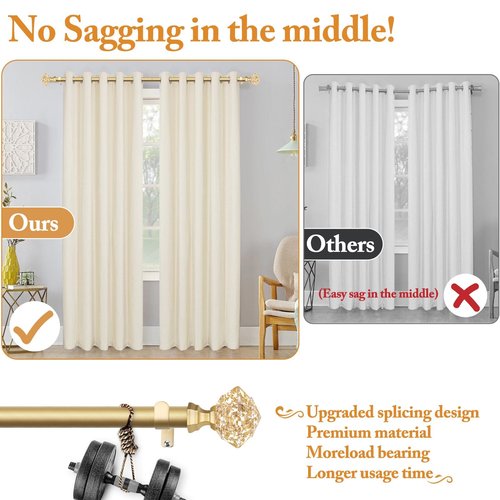 TONIAL Curtain Rod 32 to 58 Inch(2.6 to 4.8 ft), Splicing Adjustable 3/4 Single Rods for Windows 20 to 53 Inch(1.7 to 4.4 ft) Decorative Drapery Rod with Translucent Diamond Finial, Gold