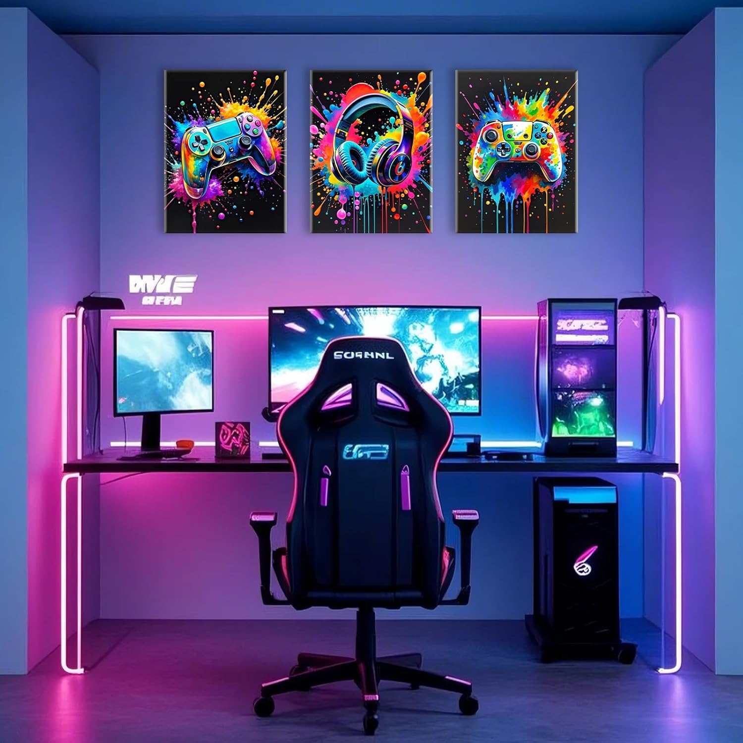 Skiennix Gaming Room Wall Art - Colorful Canvas Posters for Gamers | 12x16 Inch Framed Prints