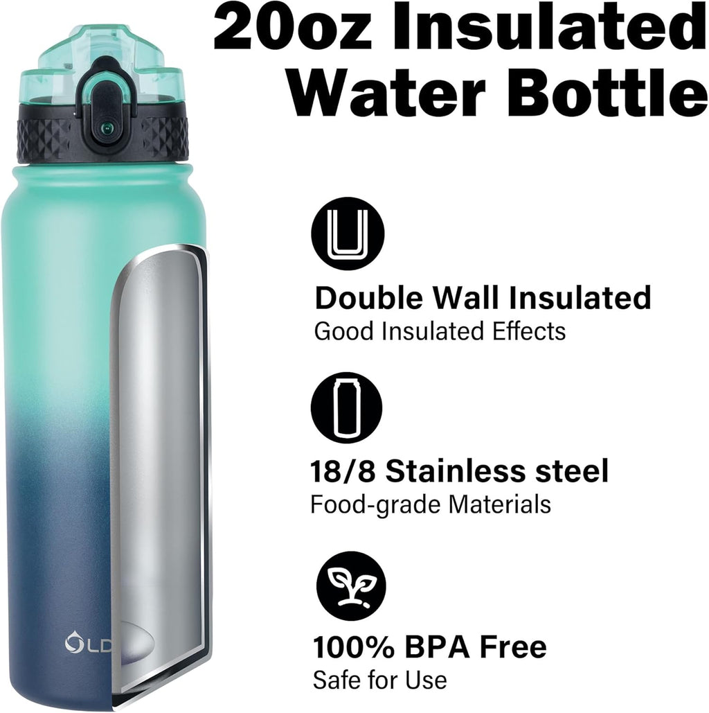 Oldley Insulated Water Bottle - 20oz Stainless Steel with 3 Lids | BPA-Free, Leak-Proof, Ideal for School & Travel