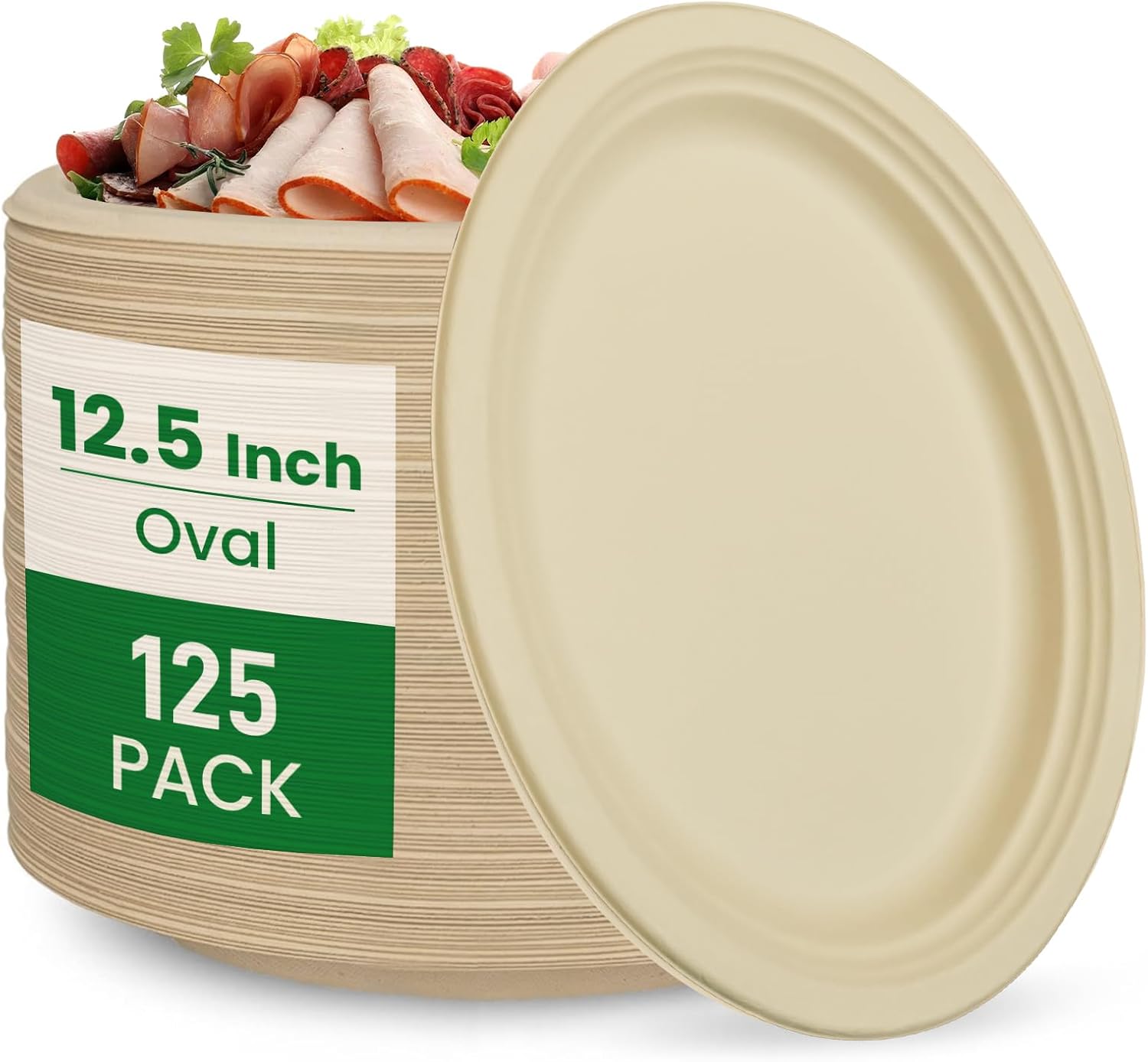 Skiennix Compostable Oval Plates - Heavy-Duty 12.5 Inch Biodegradable Sugarcane Bagasse | 125-Value Pack