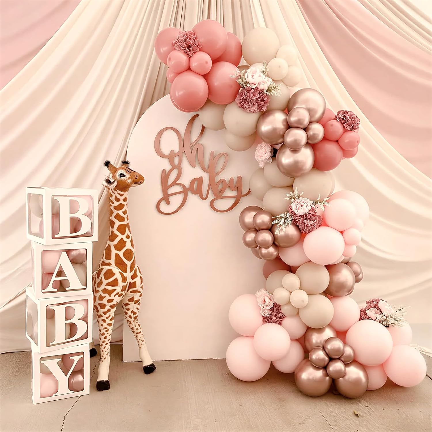 Winrayk Rose Gold Balloons - Floral Baby Shower Decorations Kit | Pink Balloon Arch & Letter Boxes
