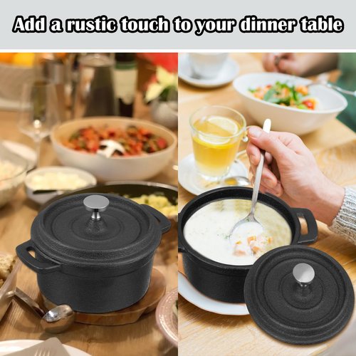 Suttmin 4 Pcs Mini Dutch Oven Small Round Iron Cocotte Black Dutch Oven Pot with Lid and Dual Handles Cast Iron Pot for Stovetop Use Marinate Cook Bake Refrigerate Garlic, Individual Servings(17 oz)
