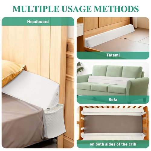 JZHLLA Foldable Pillow Wedge for Headboard Gap 76x6x6in White Cotton Bed Gap Filler with Snap-on Storage Bags Adjustable Pillow Wedge for Headboard Gap