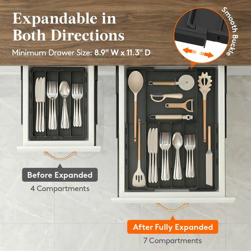 Lifewit Silverware Drawer Organizer, Expandable Utensil Tray for Kitchen, BPA Free Plastic Flatware and Cutlery Organizer, Adjustable Storage for Spoons Forks, Fits 8.9-14.3x11.3-19.3x1.7 Inch, Black