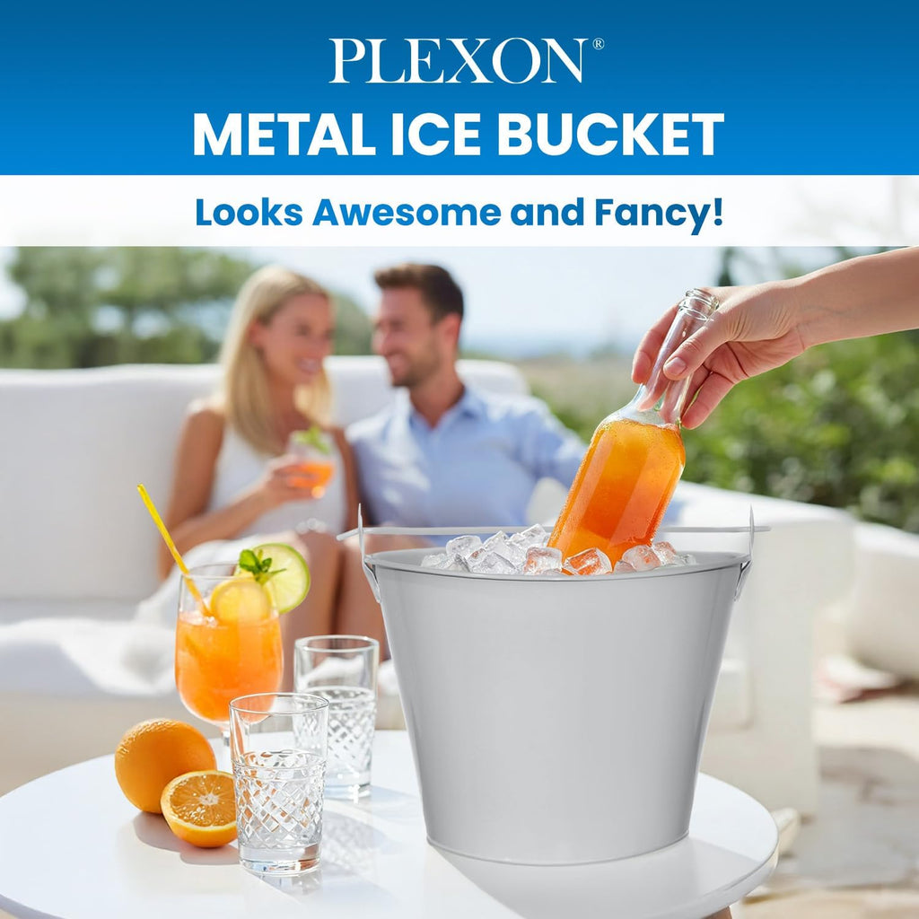 PLEXON Ice Bucket for Parties Coctail Bar Restaurant - Drink Beer Champagne Metal Pail Bucket with Handle, Beverage Chiller, 1.3 Gallon, Galvanized Steel, Gray, Set of 2