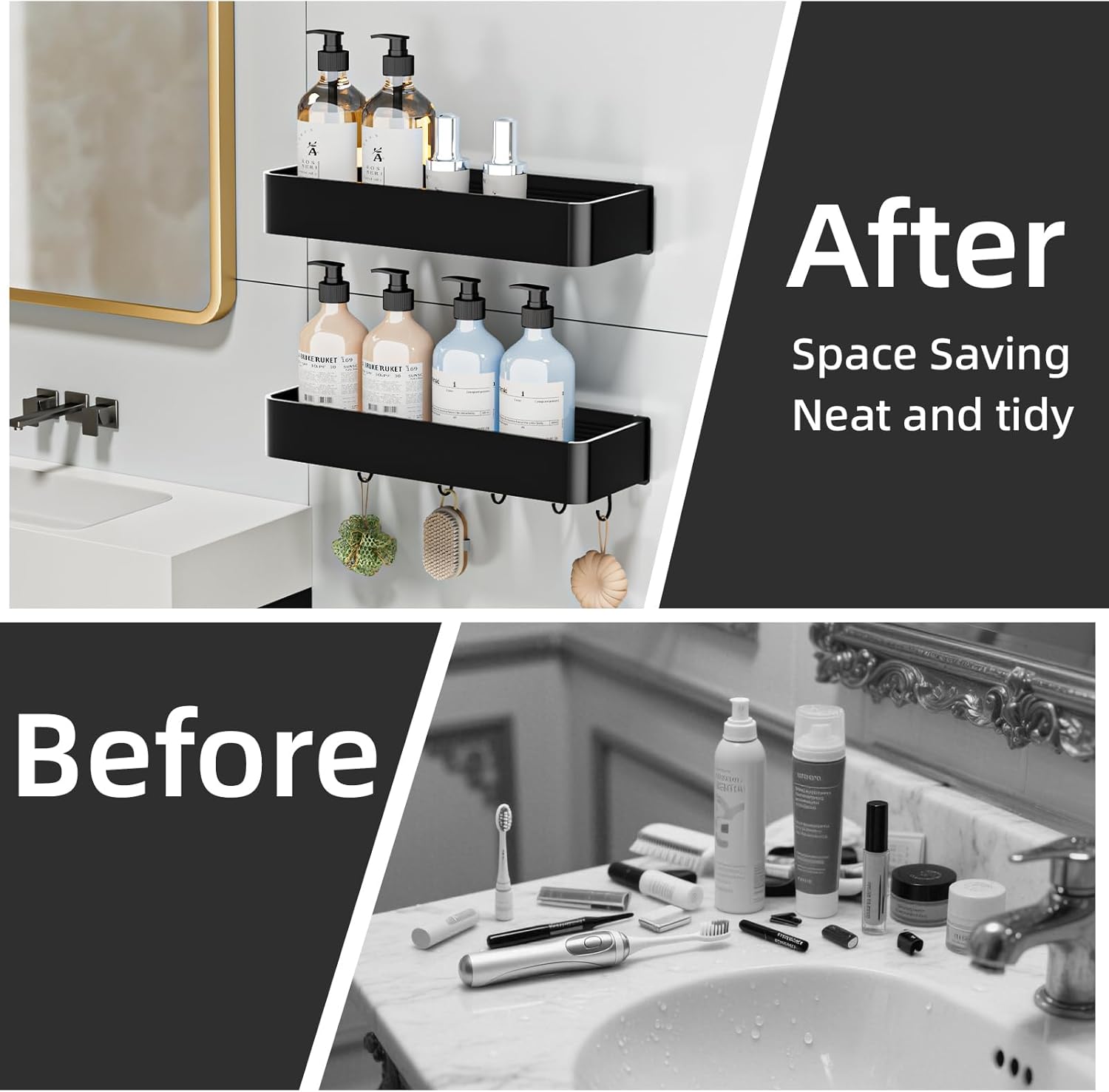 Wisfame Shower Caddy - No Drill Rustproof Aluminum Bathroom Shelf | 2 Pack Large Capacity with 5 Hooks - Black