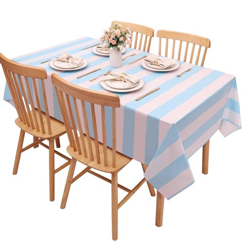 Kesfey 3 Packs Light Blue and White Striped Table Cloth 54 x 108 Inches Bluey Stripe Table Cover Disposable Plastic Beach Tablecloths Waterproof Rectangle Picnic Tablecover for Pool Birthday Party