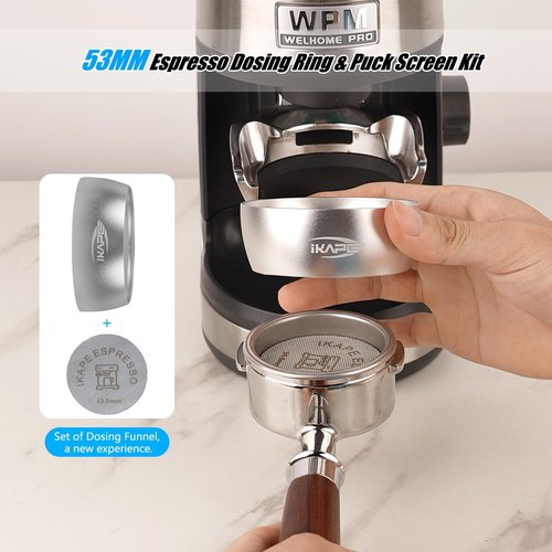 IKAPE 53mm Espresso Accessory Kit 6 in 1 Silver. Includes a Tamper, Distributor, Dosing Funnel, Puck Screen, Silicone Mat Station, and Cleaning Cloth