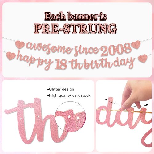 Pre-Strung 18th Birthday Banner Decorations for Girls, Glitter Happy 18th Birthday Decor, Rose Gold Eighteen Years Bday Hanging Swirls Party Supplies