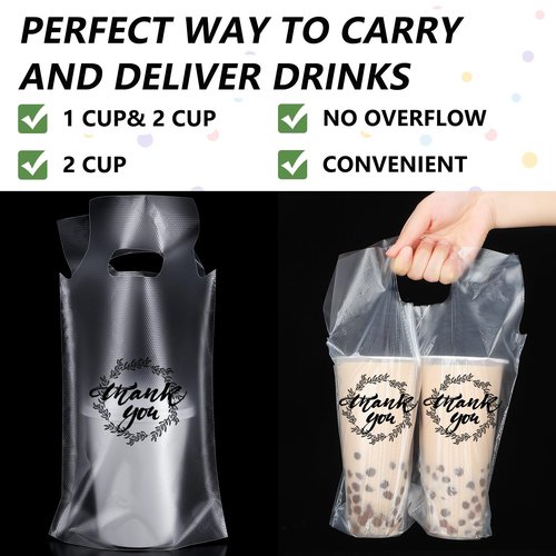 Kisston 1000 Pcs Drink Carrier for Delivery, Plastic Carrier Bags Thank You Clear Handle Drink Poly Bags Bulk for Coffee Tea Beverage Juice(Hold 2 Cups, Hold 1 Cup)