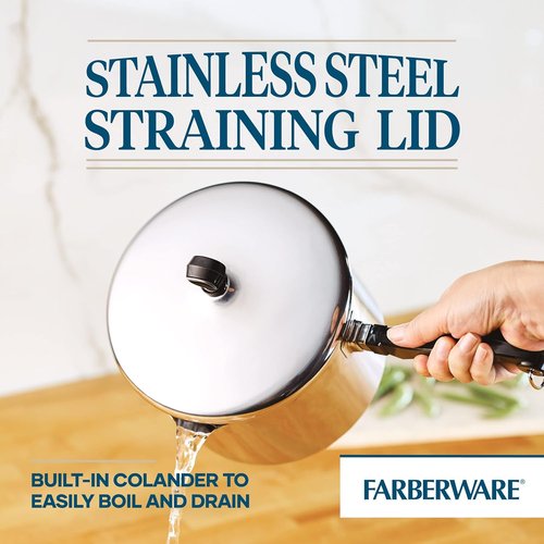 Farberware Classic Stainless Steel 3-Quart Covered Straining Saucepan - Durable & Stylish Silver Finish