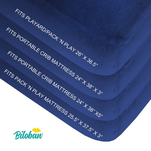 Biloban Fitted Pack and Play Sheets - 2 Pack for Graco Mattresses | Neutral White & Navy Blue