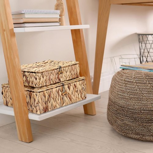 Natural Water Hyacinth Basket Set by [Brand Name] - Handwoven Rectangular Bins with Lids for Stylish Home Organization