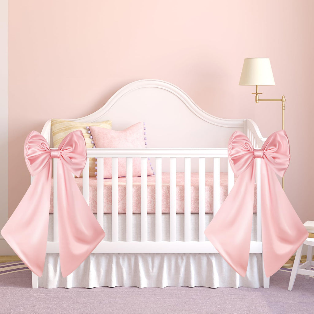 Suncalla 2 Pcs Large Pink Bows for Decoration 12" x 24" Pink Crib Bows Ribbon Coquette Double Layer Satin Silk Baby Crib Bedding for Nursery Baby Shower Curtain Tie Backs Bachelorette Wedding Decor