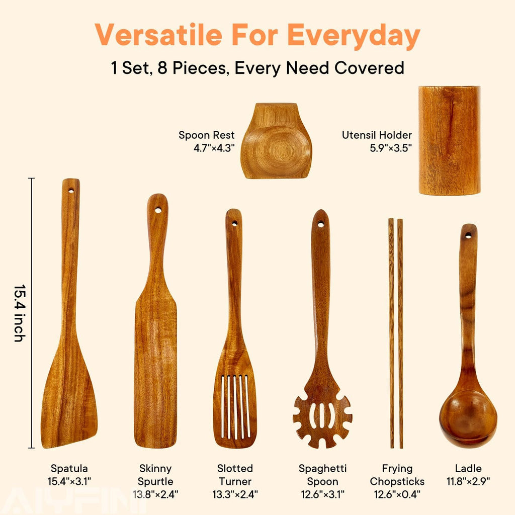 Skiennix Non-Toxic Wooden Kitchen Utensils Set - 15.4" Long Handle Spatula, Ladle, Spoon & Holder