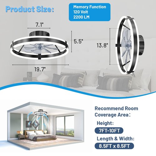 Low Profile Bladeless Ceiling Fan with Lights & Remote - 19.7" Flush Mount Fandelier Light Fan for Bedroom/Kitchen, 3000-6000K Dimmable LED, 6-Speed Modern Fan with Lights for Home/Office