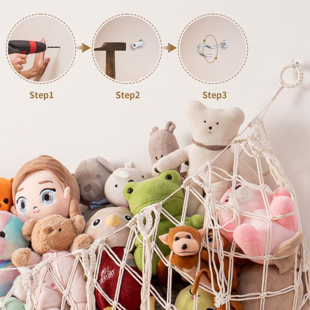 MKO SHUN Large Stuffed Animal Hammock, 59'' L Wall Hanging Net for Stuffed Animal Storage, Boho Macrame Toy Net Hammock for Kids Girls Bedroom Playroom Nursery Decor Plushie Teddy Bear Storage - Cream