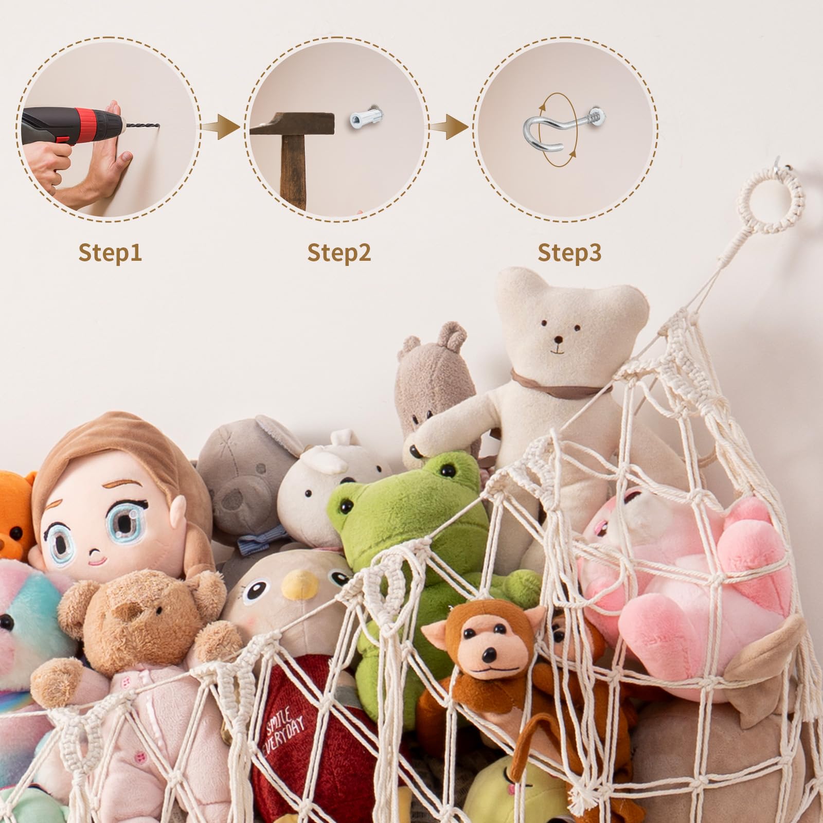 MKO SHUN Large Stuffed Animal Hammock, 59'' L Wall Hanging Net for Stuffed Animal Storage, Boho Macrame Toy Net Hammock for Kids Girls Bedroom Playroom Nursery Decor Plushie Teddy Bear Storage - Cream