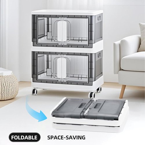 Folding Storage Organizer - Heavy-Duty Plastic Bin with Silent Casters | Stackable Design, 3 Sizes (19.5/23.5/27.5in), Black/White