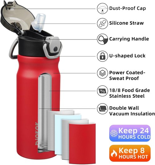 BJPKPK 18oz Insulated Water Bottle - BPA-Free Stainless Steel, Leak-Proof Design, Red Color