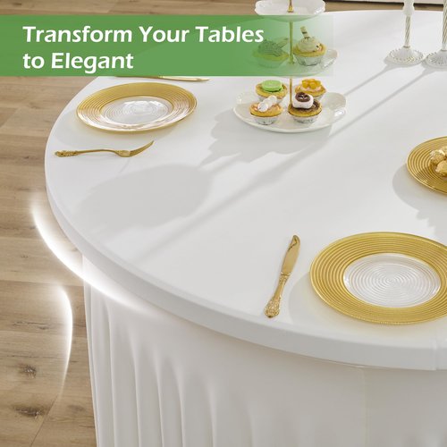 NSSONBEN 4 pk Ivory Round Spandex Tablecloth 60 inch with Ruffled Skirt,Wrinkle Free High-Stretch 120 inch Fitted 5ft Cream Table Cloths Round Spandex Table Covers for Party Wedding Banquet Dinning