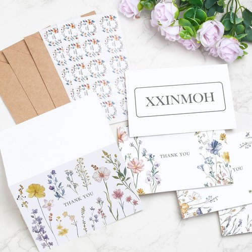 XXINMOH 102 PACK Floral Thank You Cards With Envelopes (4"x6") - Wildflower Blank Cards With Adhesive Envelopes & Matching Stickers for Wedding, Bridal Showers, Baby Showers, Birthday, All Occasion