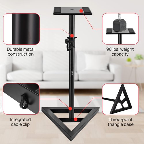 Pyle Speaker Stand Pair of Sound Play 1 and 3 Holder - Telescoping Height Adjustable from 26” - 52” Inch High Heavy Duty Three-point Triangle Base w/ Floor Spikes and 9” Square Platform, Black