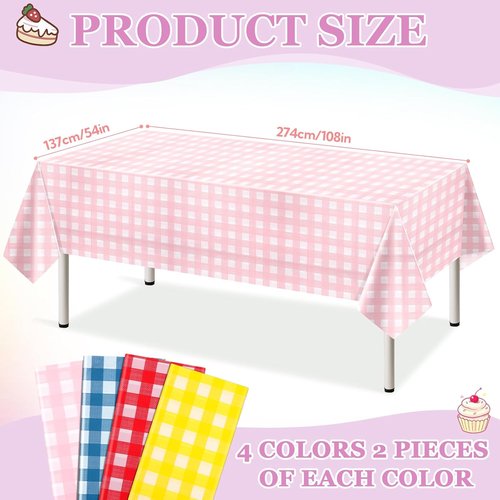 Gingham Tablecloths by [Brand Name] - 8 Pack Disposable Plastic Rectangle Covers | 54 x 108 Inches for Parties & Events