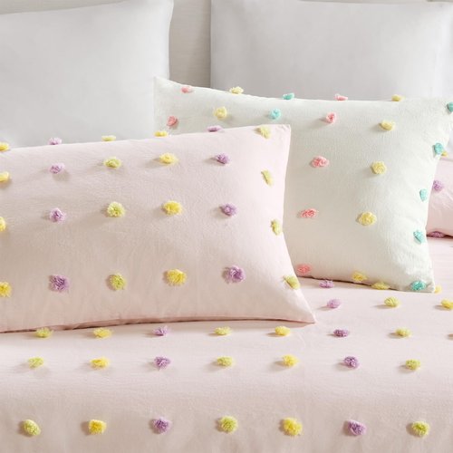 Intelligent Design Callie Girls Full/Queen Comforter Set, Ivory 5-Piece Kids Bedding, 100% Cotton Tufted Pom Pom Tufted Jacquard, All Season Down Alternative, Cozy Shabby Chic Bedroom Décor