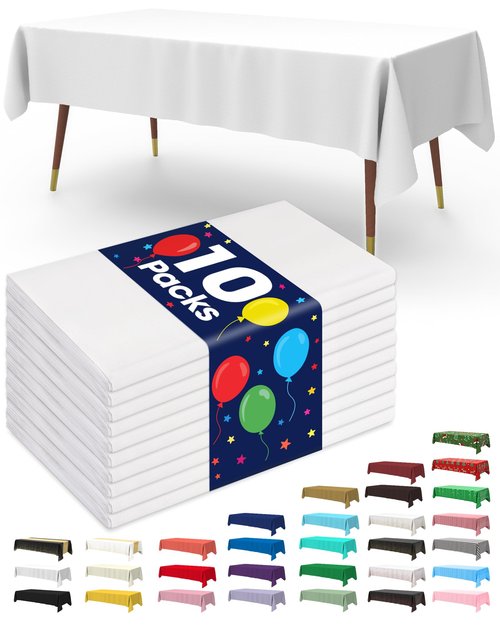 Pureegg Plastic Table Cloth Disposable 10 Pack, 52 x 70 Inch Table Cloths, Dining, Party, Buffet, Wedding, Decorative Tablecloths, Rectangle, White Plastic Cover, Waterproof & Sturdy, White