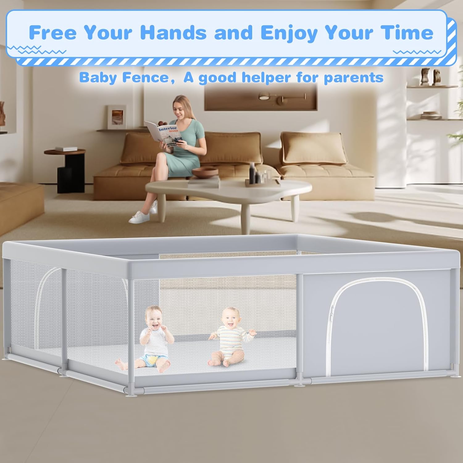 XVISHX Baby Playpen - 79 x 79 Inch Indoor & Outdoor Playard with Soft Breathable Mesh - Grey