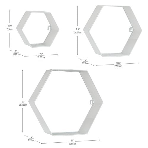 Mind Reader Hexagon Floating Shelves, Wall Decor, Honeycomb Accent Shelf, Office, Metal Mesh, 14" L x 4" W x 12" H, Set of 3, White