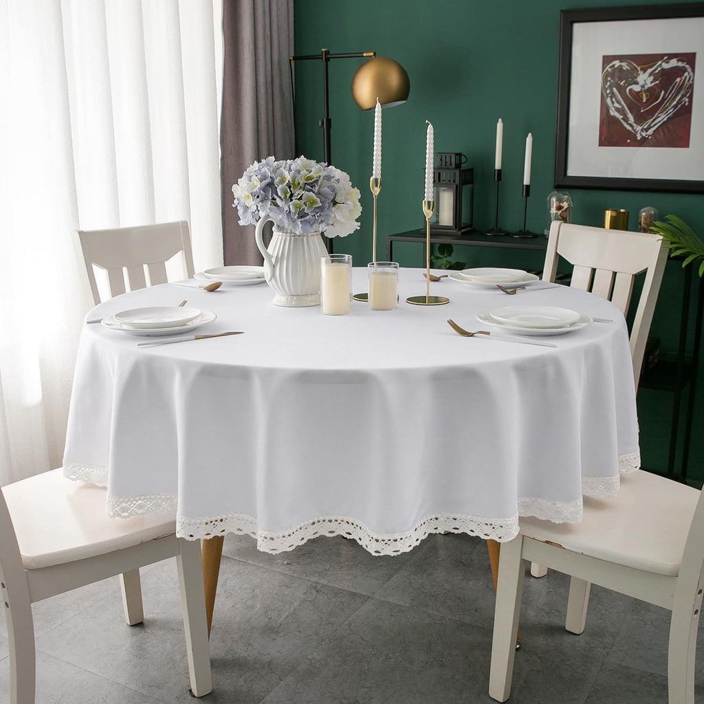EHouseHome Faux Linen Tablecloth with Lace Trim - Waterproof/Spill Proof/Stain Resistant/Wrinkle Free/Oil Proof - for Banquet, Parties, Dinner,Wedding,Holiday,White Round 70Inch