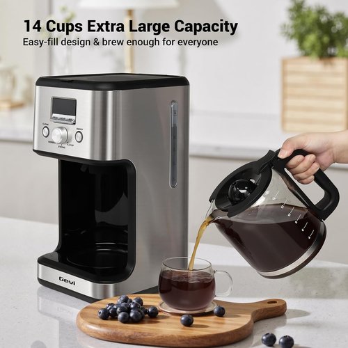 Gevi 14-Cup Programmable Coffee Maker - Drip Machine with Strong Brew & Glass Carafe | Silver Finish