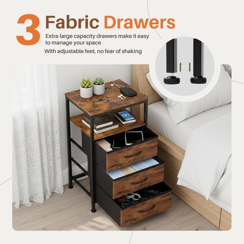 Sweetcrispy Nightstand with Charging Station, Bedside End Table with 3 Fabric Drawers & USB/Type-C Ports and Outlets, Night Stand for Bedroom Furniture, Adjustable Feet and Variable Light Strip, Rust