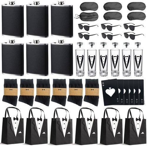 48Pcs Groomsmen Gifts Set of 6 for Wedding Party, Groomsmen Proposal Gift-Tuxedo Bags&Steel Hip Flasks | Sunglasses | Socks | Glass Cups | Bottle Opener, Elegant Man Box Can Creating Lasting Memories