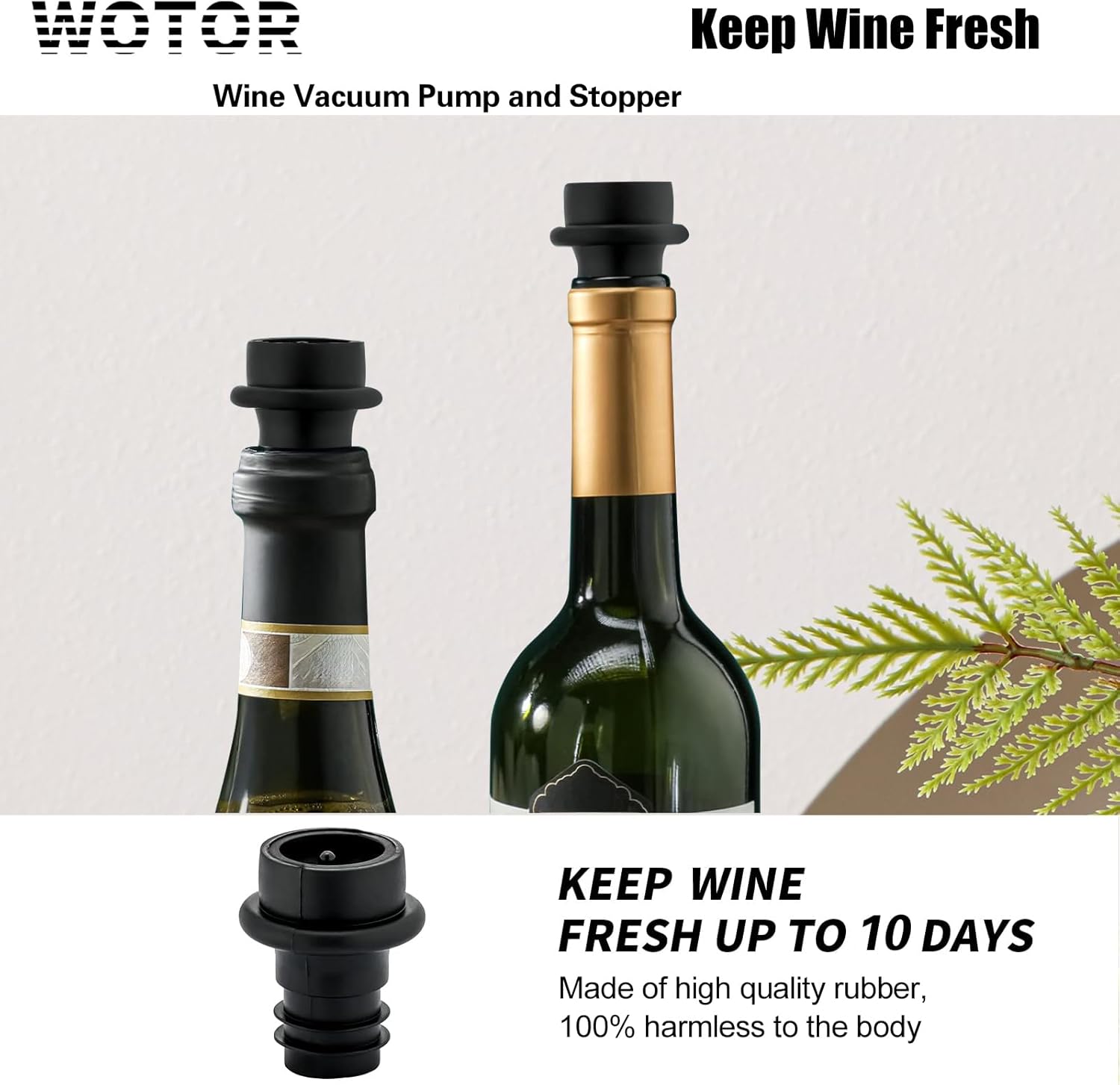 WOTOR Wine Stoppers Vacuum, Wine Saver, Wine Pump Vacuum Stoppers, Wine Preserver, Reusable Bottle Sealer Keeps Wine Fresh (Black, 8 Pieces)