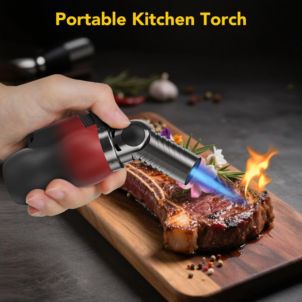 TBTeek Torch Lighter - Portable Kitchen Torch with 45° Rotatable Head & Adjustable Flame | Refillable Butane for Cooking, BBQ, Fireplaces - Red-Black