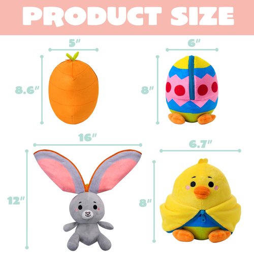 JOYIN 2 PCS Easter Stuffed Animal Plush Hiding Bunny Chick, Floppy Rabbit Ear Chick Wing Plushie with Zipper, Hide Carrot Egg Pillow, Reversible Easter Stuffed Animals, Soft Plush Toy Gifts for Kids